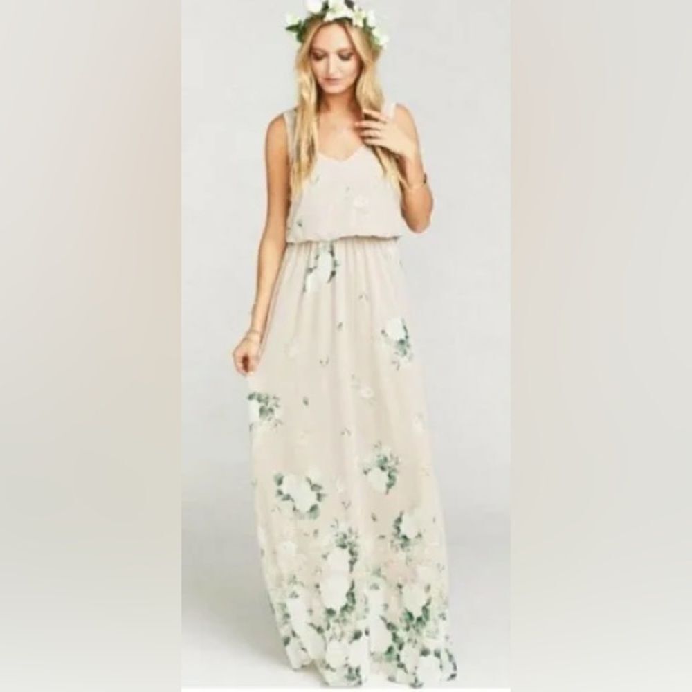 NWT SHOW ME YOUR MUMU KENDALL MAXI DRESS FLORAL BOUQUET BEIGE SIZE XXS